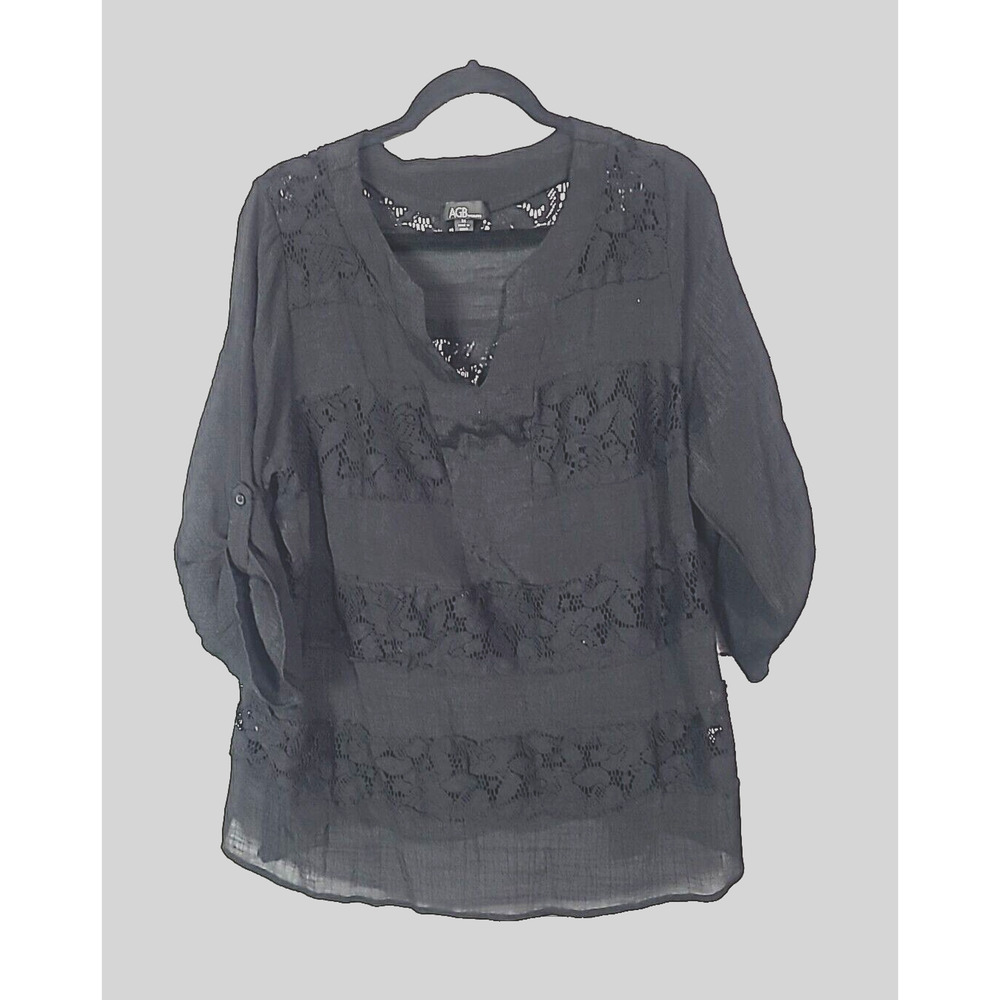 AGB Black Floral Lace Split Neck Roll Tab Sleeve Casual Top Womans Plus Size 3X